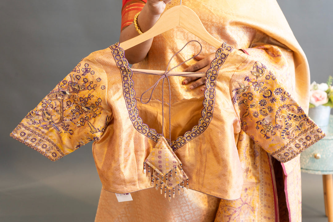 Gold and dark Purple Kanchi Meenakari Tissue  Saree and Embroidered Blouse