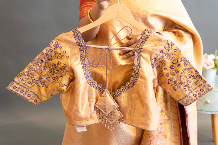 Gold and dark Purple Kanchi Meenakari Tissue  Saree and Embroidered Blouse