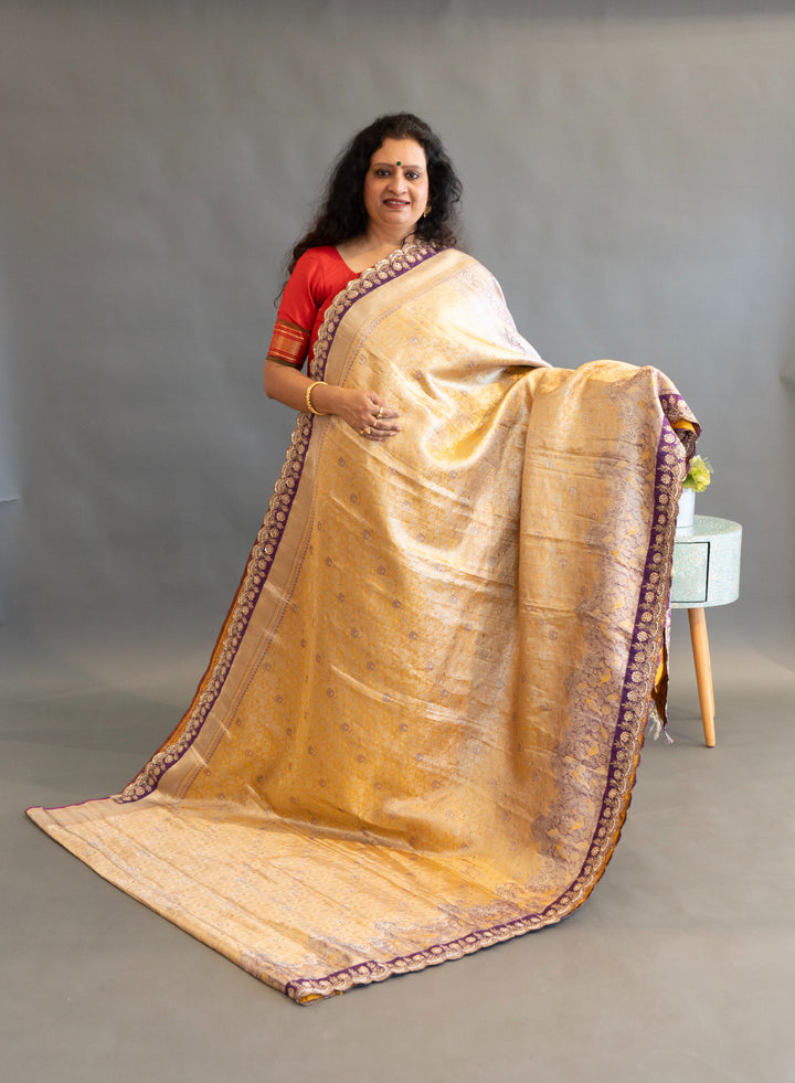 Gold and Purple Kanchi Meenakari Tissue with Embroidered borders Saree and Blouse