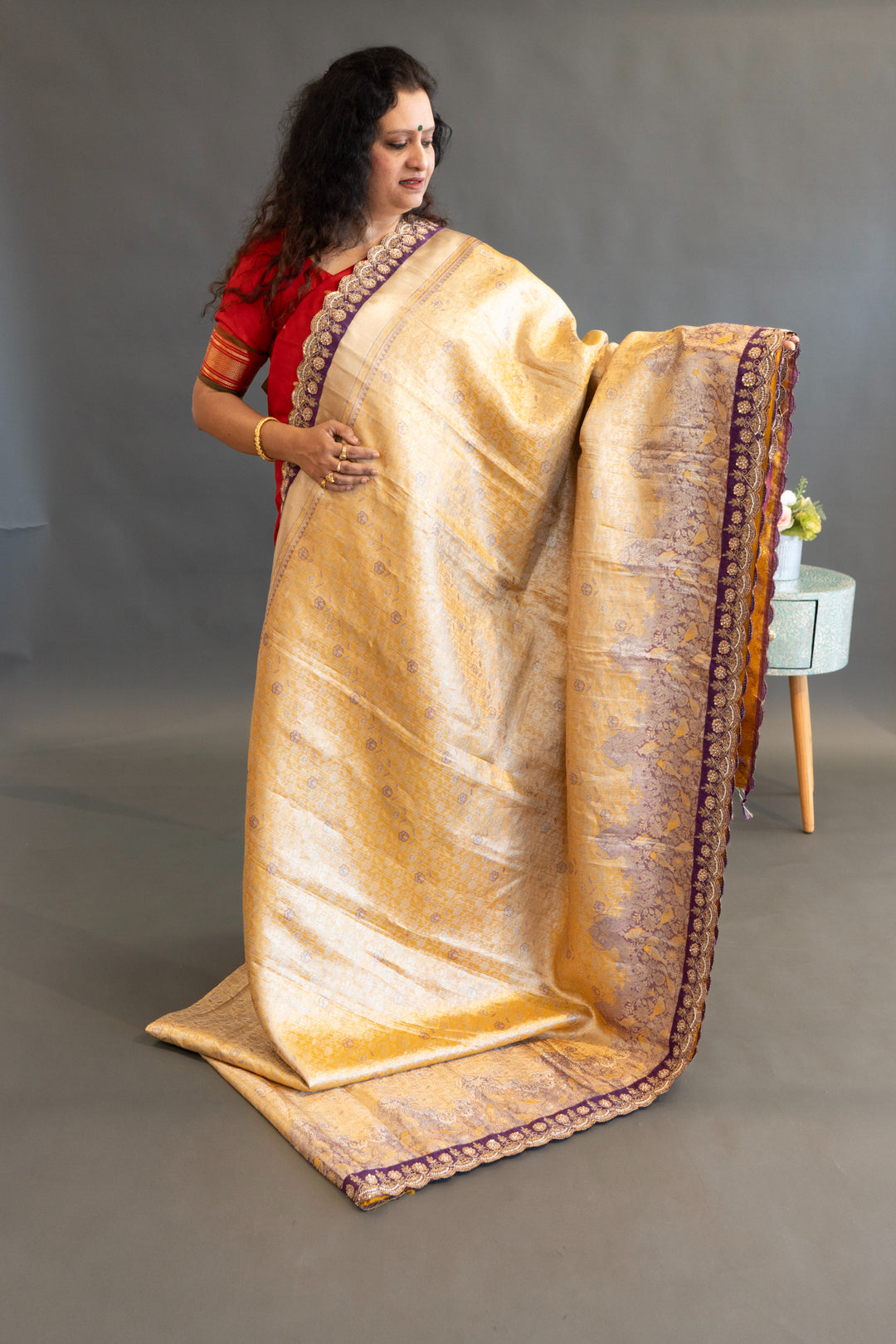 Gold and Purple Kanchi Meenakari Tissue with Embroidered borders Saree and Blouse