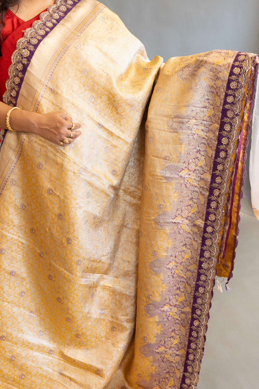 Gold and Purple Kanchi Meenakari Tissue with Embroidered borders Saree and Blouse