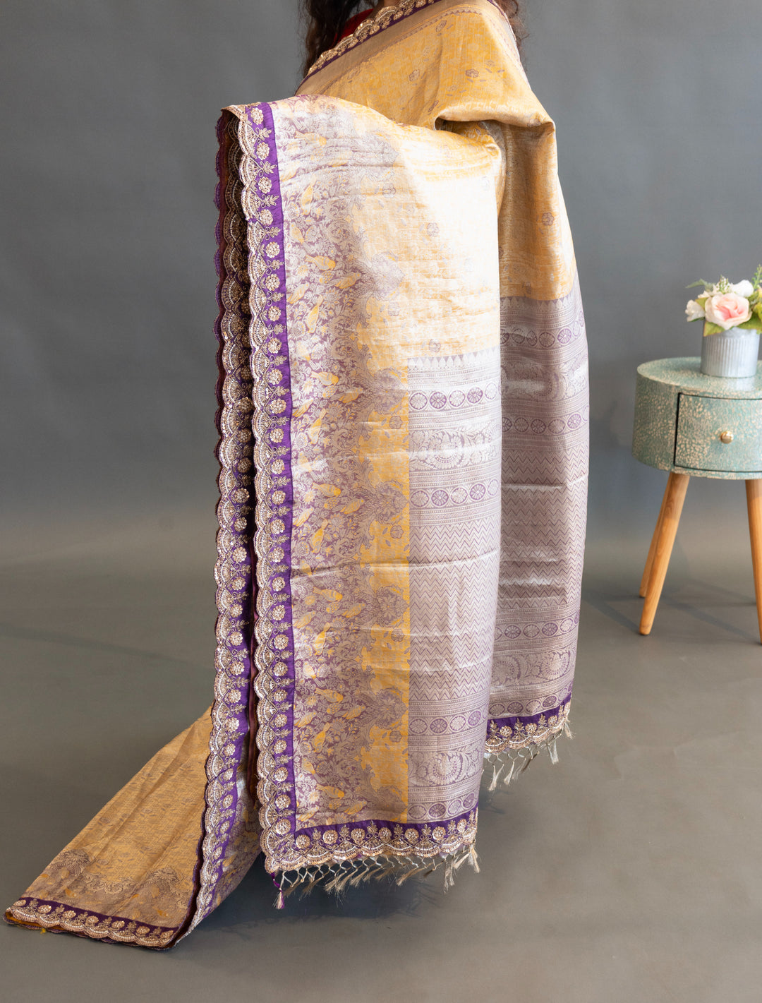 Gold and Purple Kanchi Meenakari Tissue with Embroidered borders Saree and Blouse