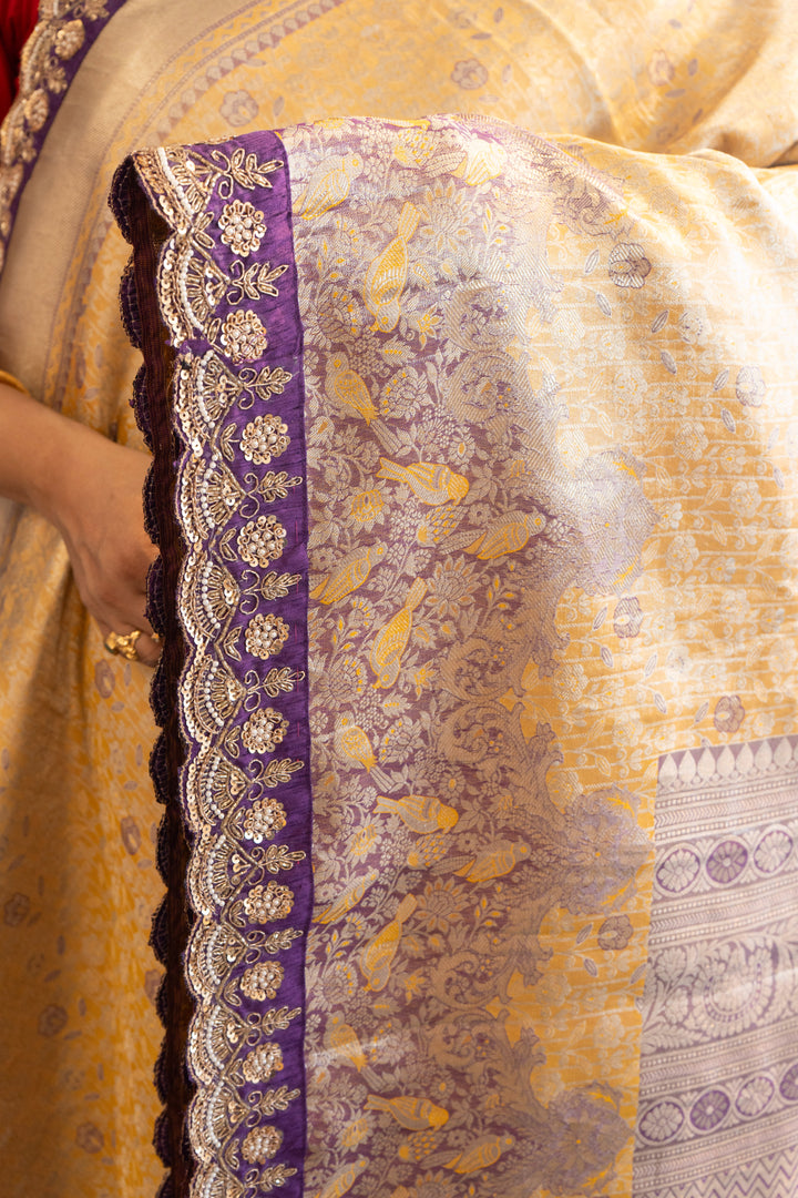 Gold and Purple Kanchi Meenakari Tissue with Embroidered borders Saree and Blouse