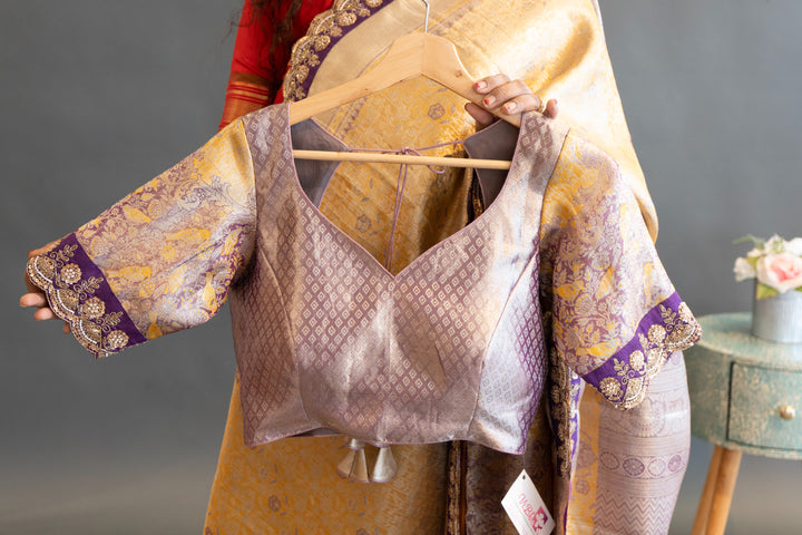 Gold and Purple Kanchi Meenakari Tissue with Embroidered borders Saree and Blouse