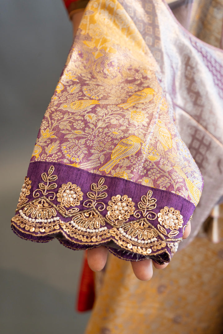 Gold and Purple Kanchi Meenakari Tissue with Embroidered borders Saree and Blouse