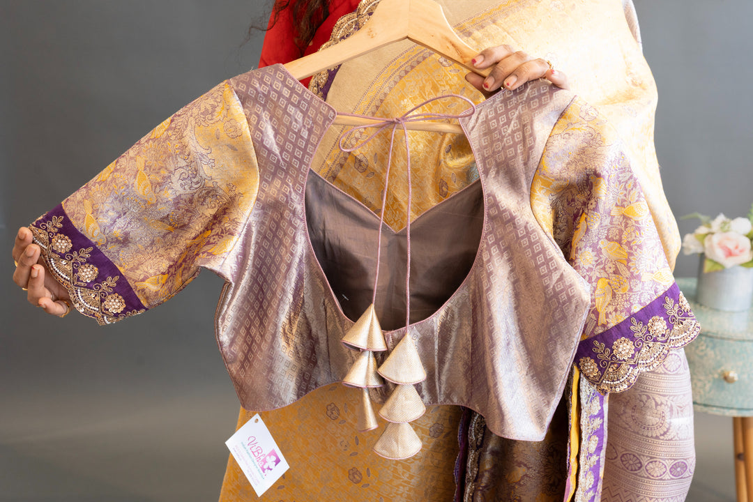 Gold and Purple Kanchi Meenakari Tissue with Embroidered borders Saree and Blouse