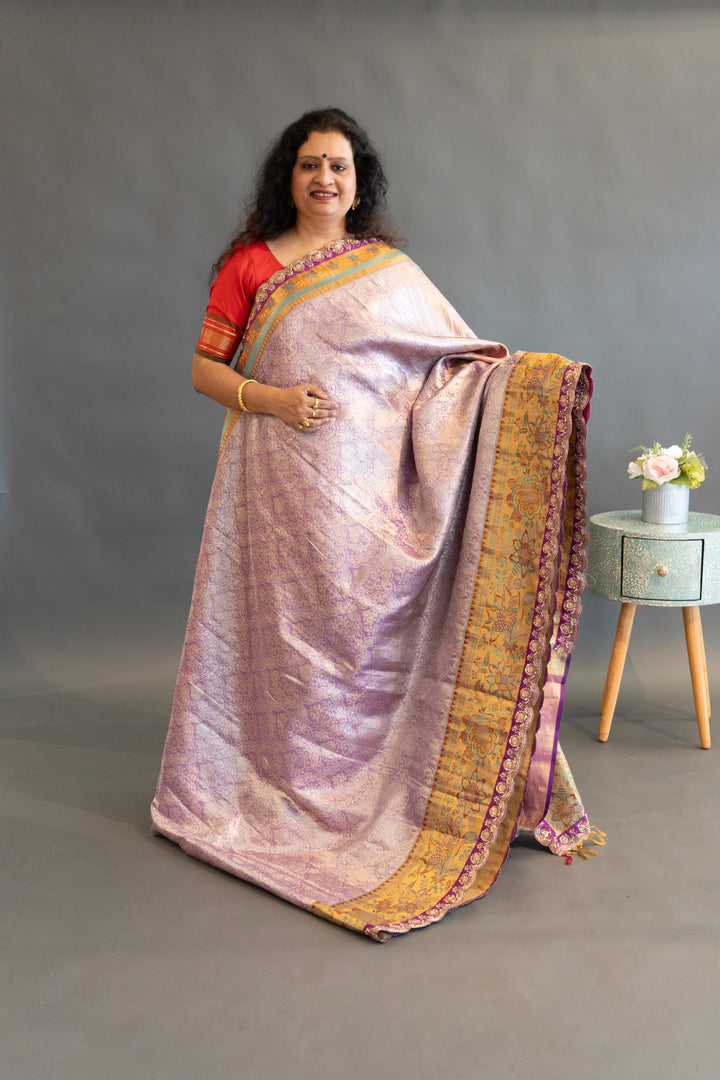 Lavender Kanchi Meenakari Tissue with Embroidered borders Saree and Blouse