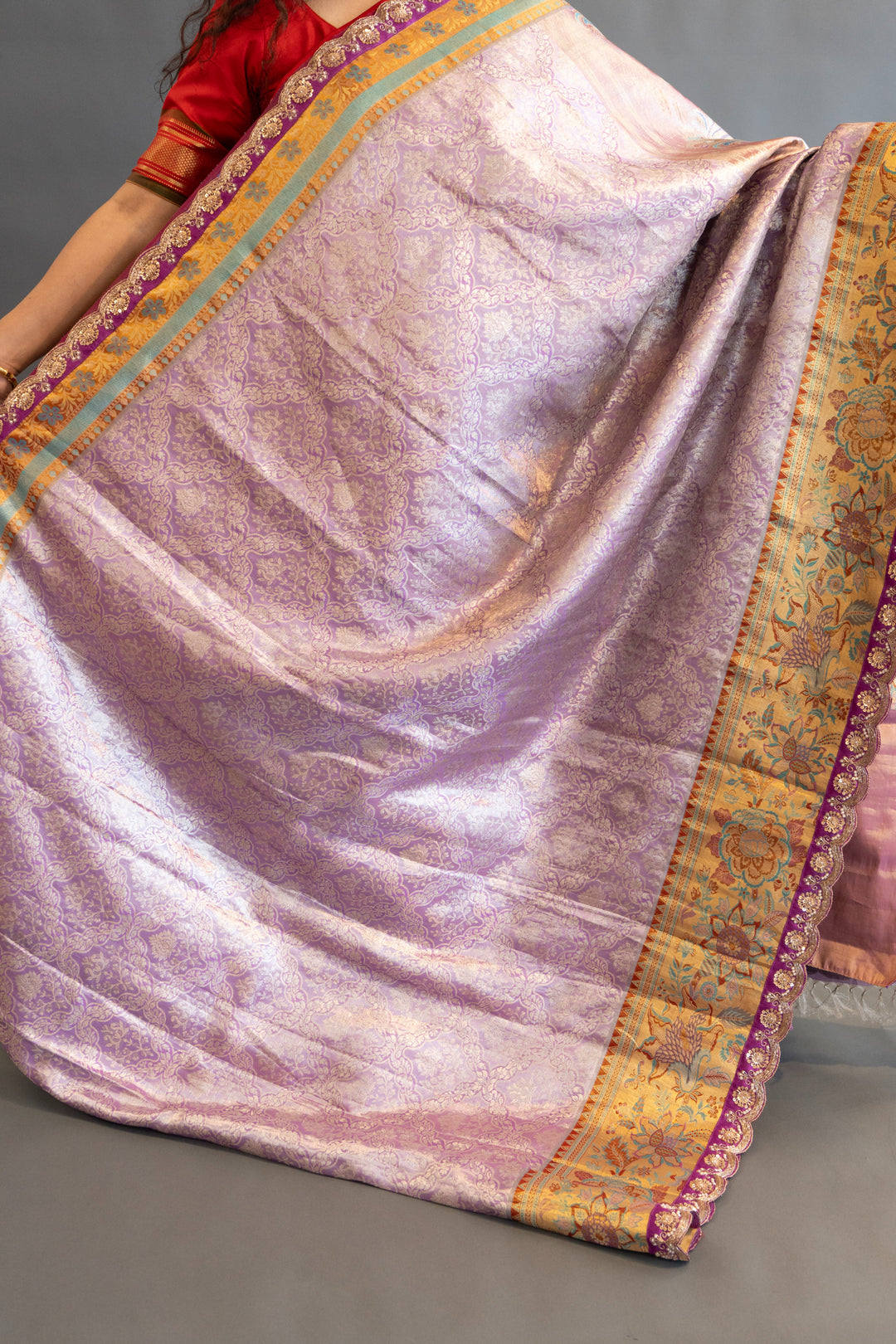 Lavender Kanchi Meenakari Tissue with Embroidered borders Saree and Blouse