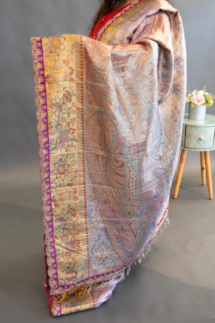 Lavender Kanchi Meenakari Tissue with Embroidered borders Saree and Blouse