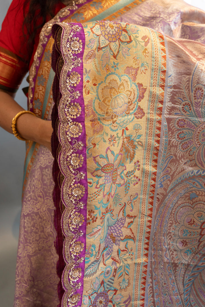 Lavender Kanchi Meenakari Tissue with Embroidered borders Saree and Blouse