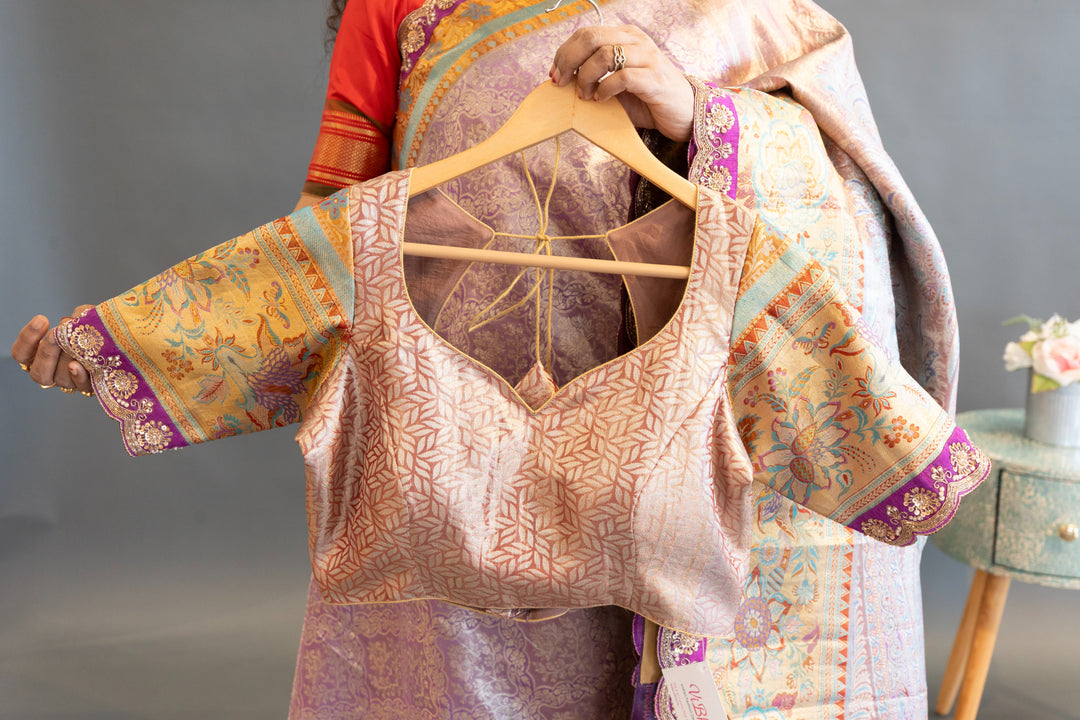 Lavender Kanchi Meenakari Tissue with Embroidered borders Saree and Blouse