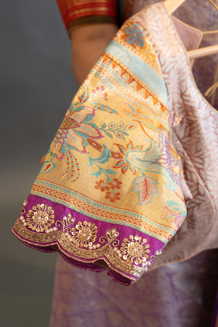 Lavender Kanchi Meenakari Tissue with Embroidered borders Saree and Blouse