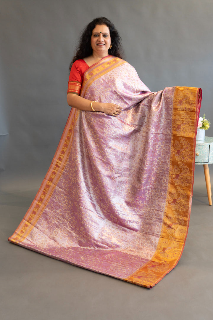 Light purple and Orange Kanchi Meenakari Tissue Saree and Blouse