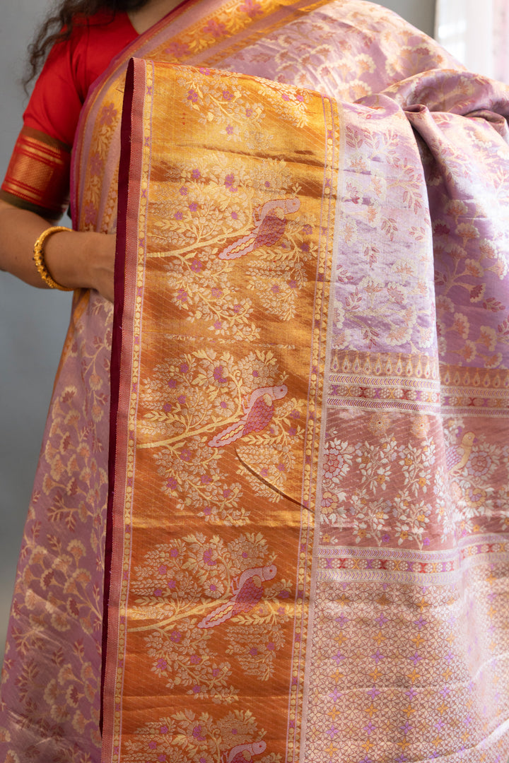 Light purple and Orange Kanchi Meenakari Tissue Saree and Blouse