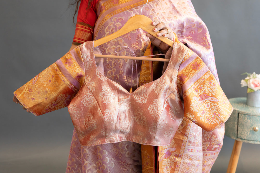Light purple and Orange Kanchi Meenakari Tissue Saree and Blouse