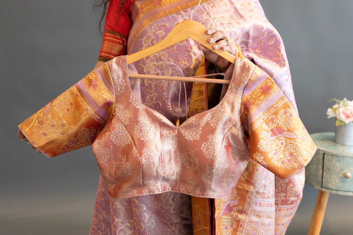 Light purple and Orange Kanchi Meenakari Tissue Saree and Blouse