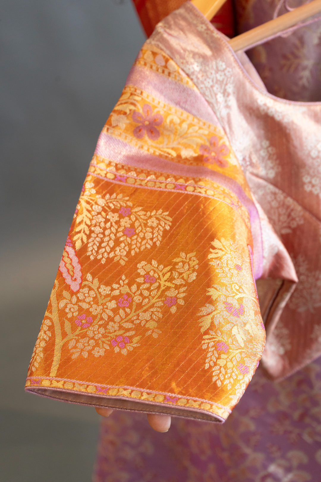Light purple and Orange Kanchi Meenakari Tissue Saree and Blouse