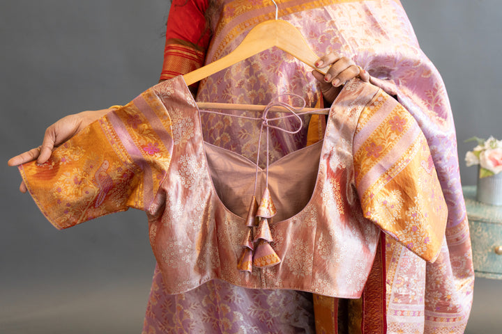 Light purple and Orange Kanchi Meenakari Tissue Saree and Blouse