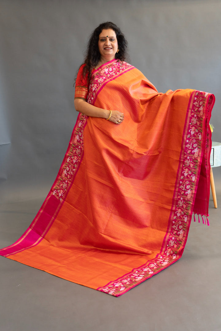 Orange and Pink Kanchi Silk with Petit Point Embroidered Saree and Blouse