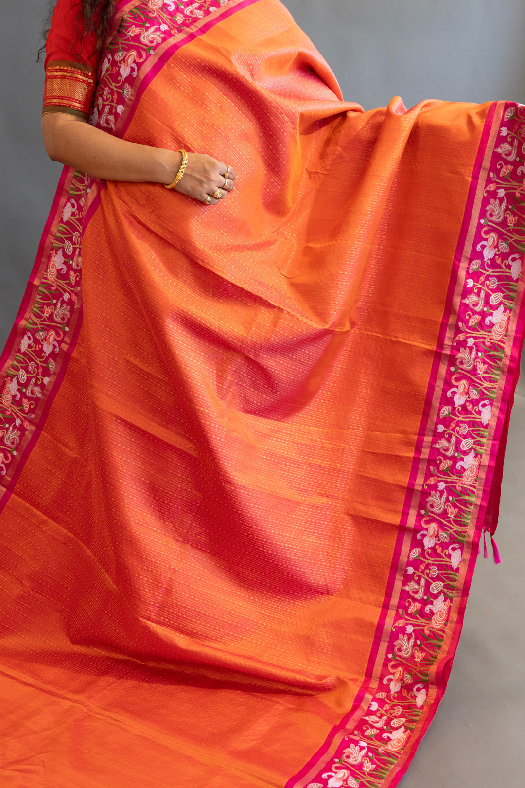 Orange and Pink Kanchi Silk with Petit Point Embroidered Saree and Blouse