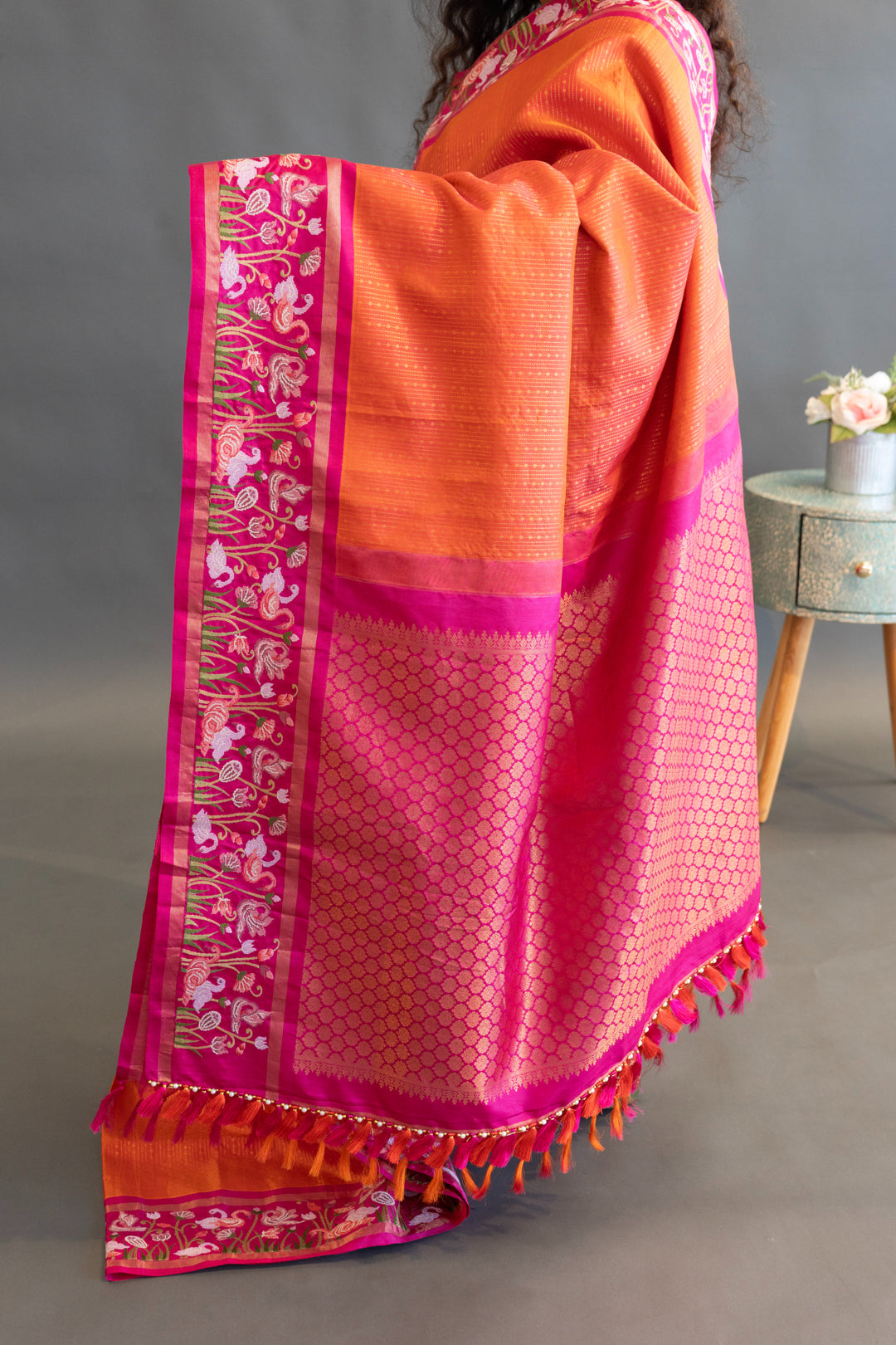 Orange and Pink Kanchi Silk with Petit Point Embroidered Saree and Blouse