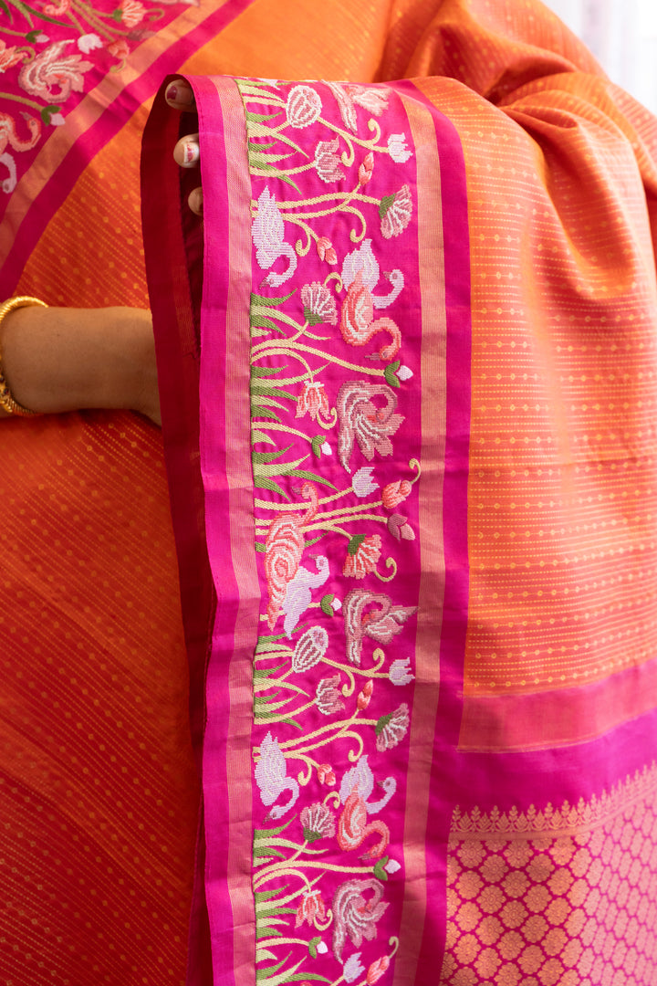 Orange and Pink Kanchi Silk with Petit Point Embroidered Saree and Blouse