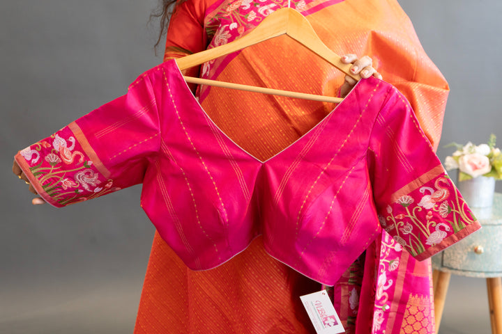 Orange and Pink Kanchi Silk with Petit Point Embroidered Saree and Blouse