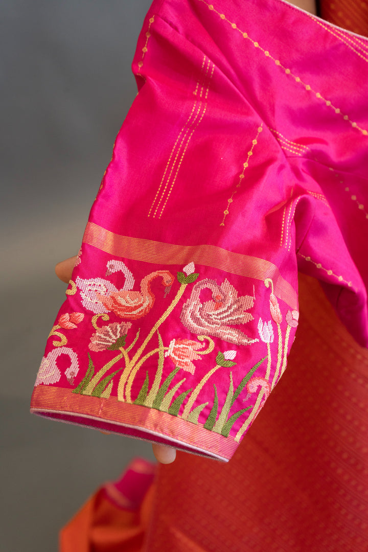 Orange and Pink Kanchi Silk with Petit Point Embroidered Saree and Blouse