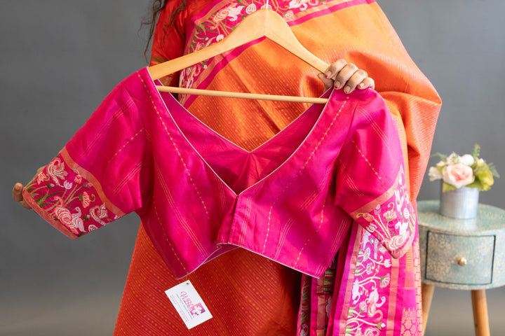 Orange and Pink Kanchi Silk with Petit Point Embroidered Saree and Blouse
