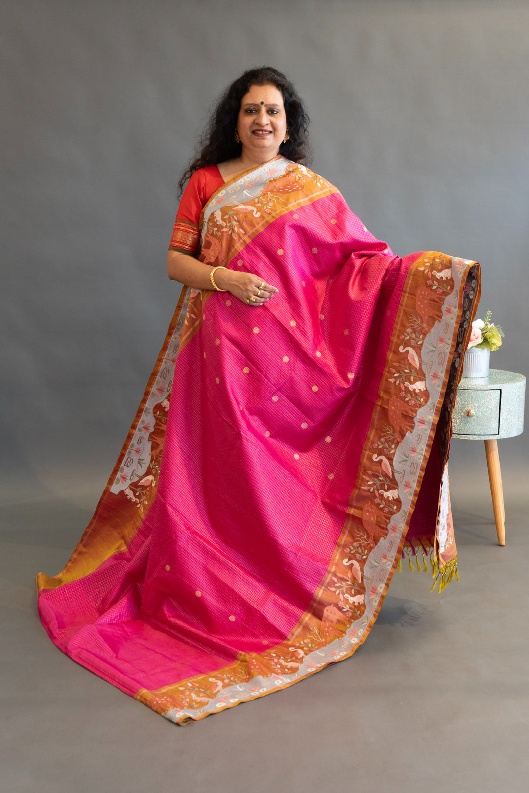 Pink and rust Kanchi silk saree with blouse