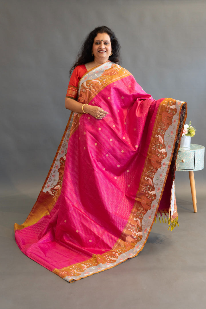 Pink and rust Kanchi silk saree with blouse