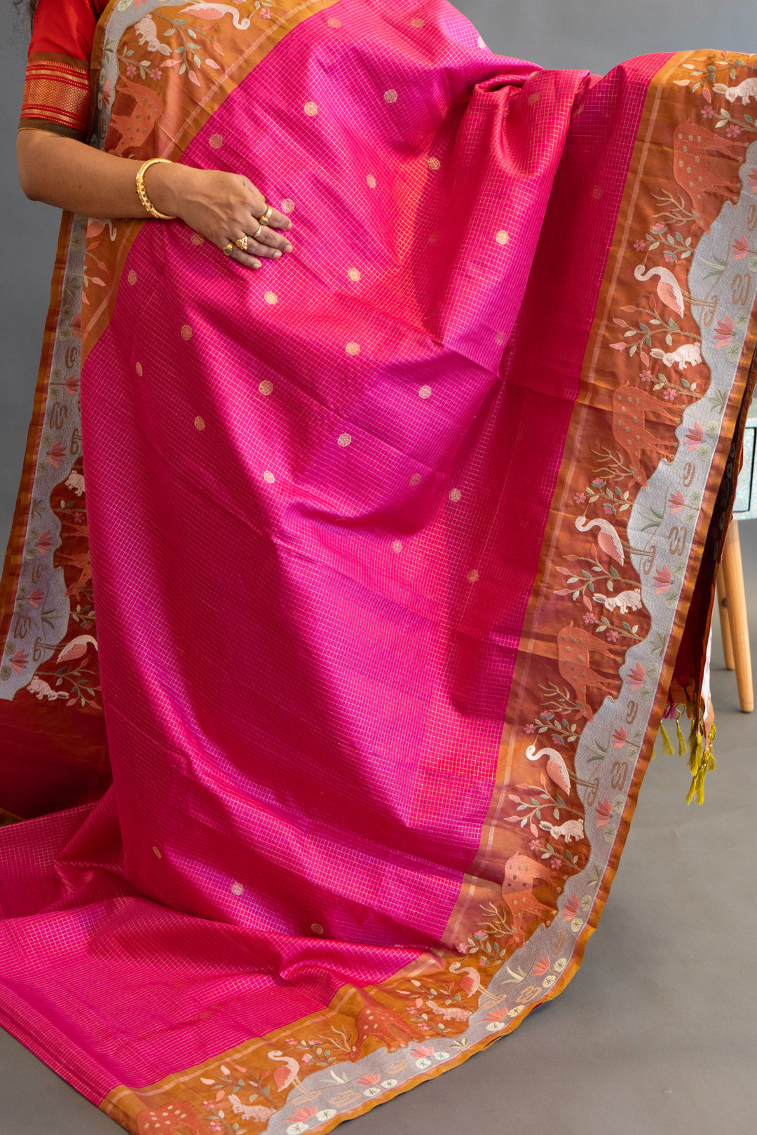 Pink and Rust Kanchi Silk with Petit Point Embroidered Saree and Blouse