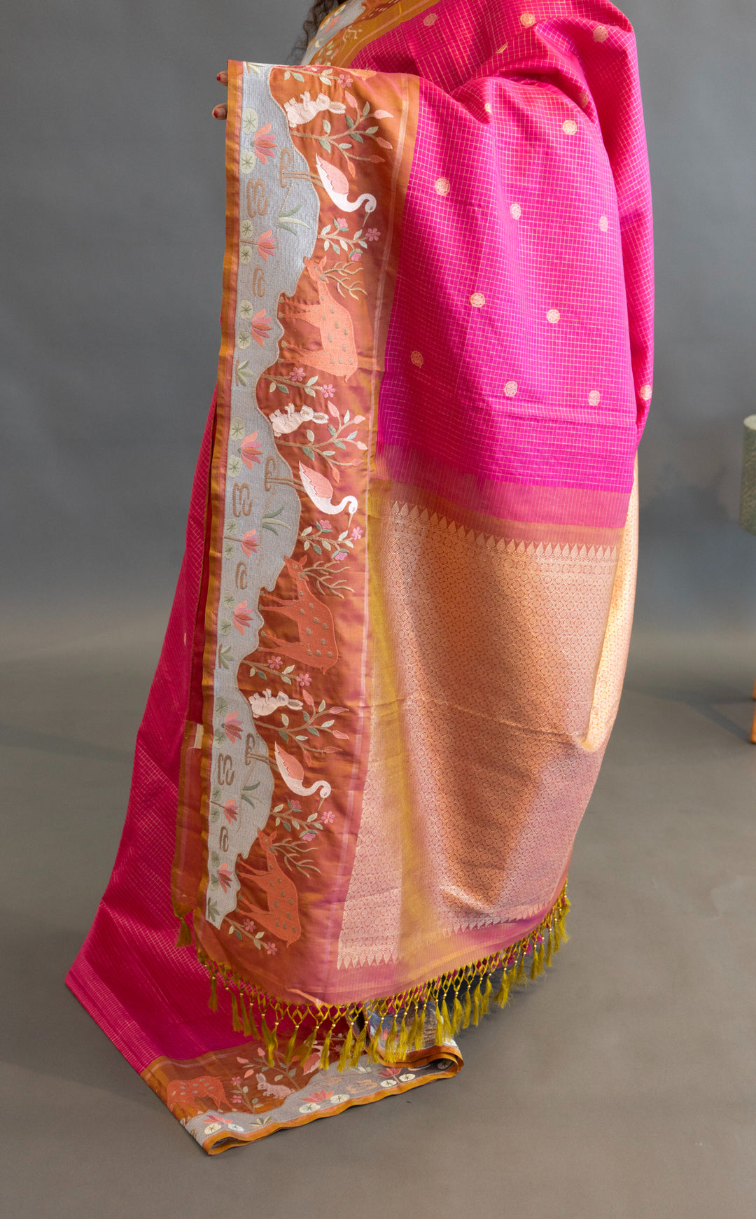 Pink and Rust Kanchi Silk with Petit Point Embroidered Saree and Blouse