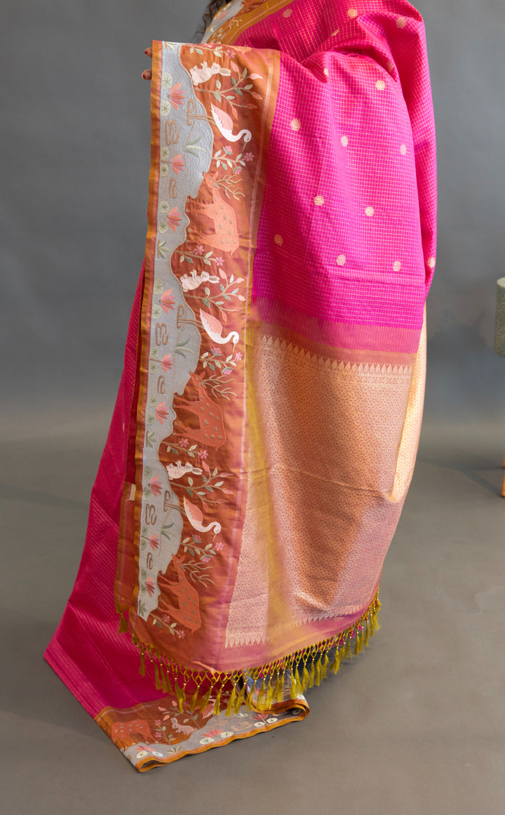 Pink and Rust Kanchi Silk with Petit Point Embroidered Saree and Blouse