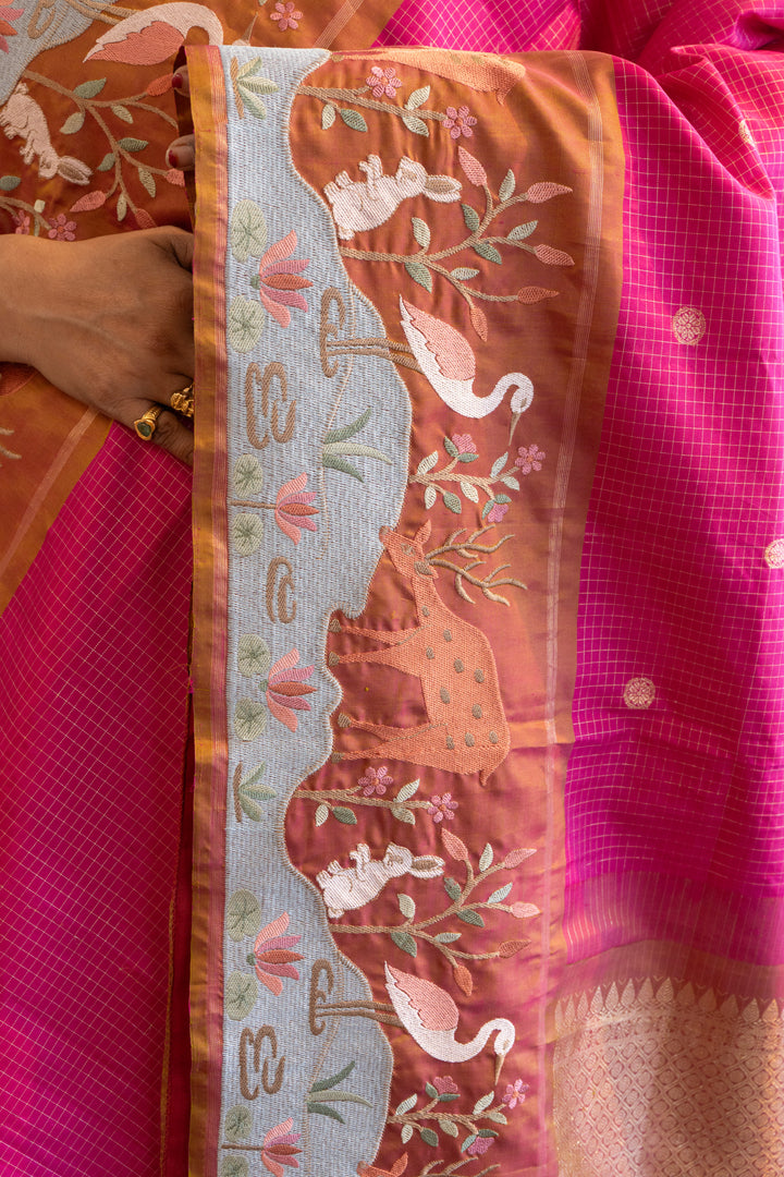 Pink and Rust Kanchi Silk with Petit Point Embroidered Saree and Blouse