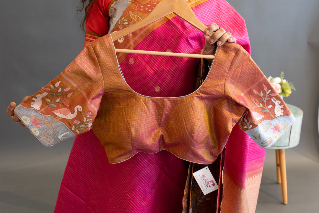 Pink and Rust Kanchi Silk with Petit Point Embroidered Saree and Blouse