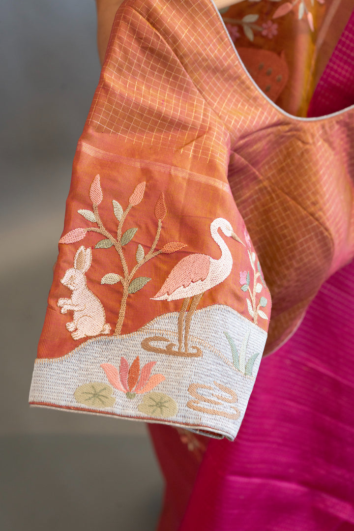 Pink and Rust Kanchi Silk with Petit Point Embroidered Saree and Blouse