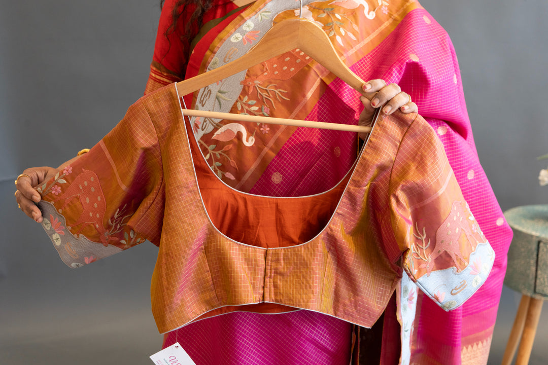 Pink and Rust Kanchi Silk with Petit Point Embroidered Saree and Blouse
