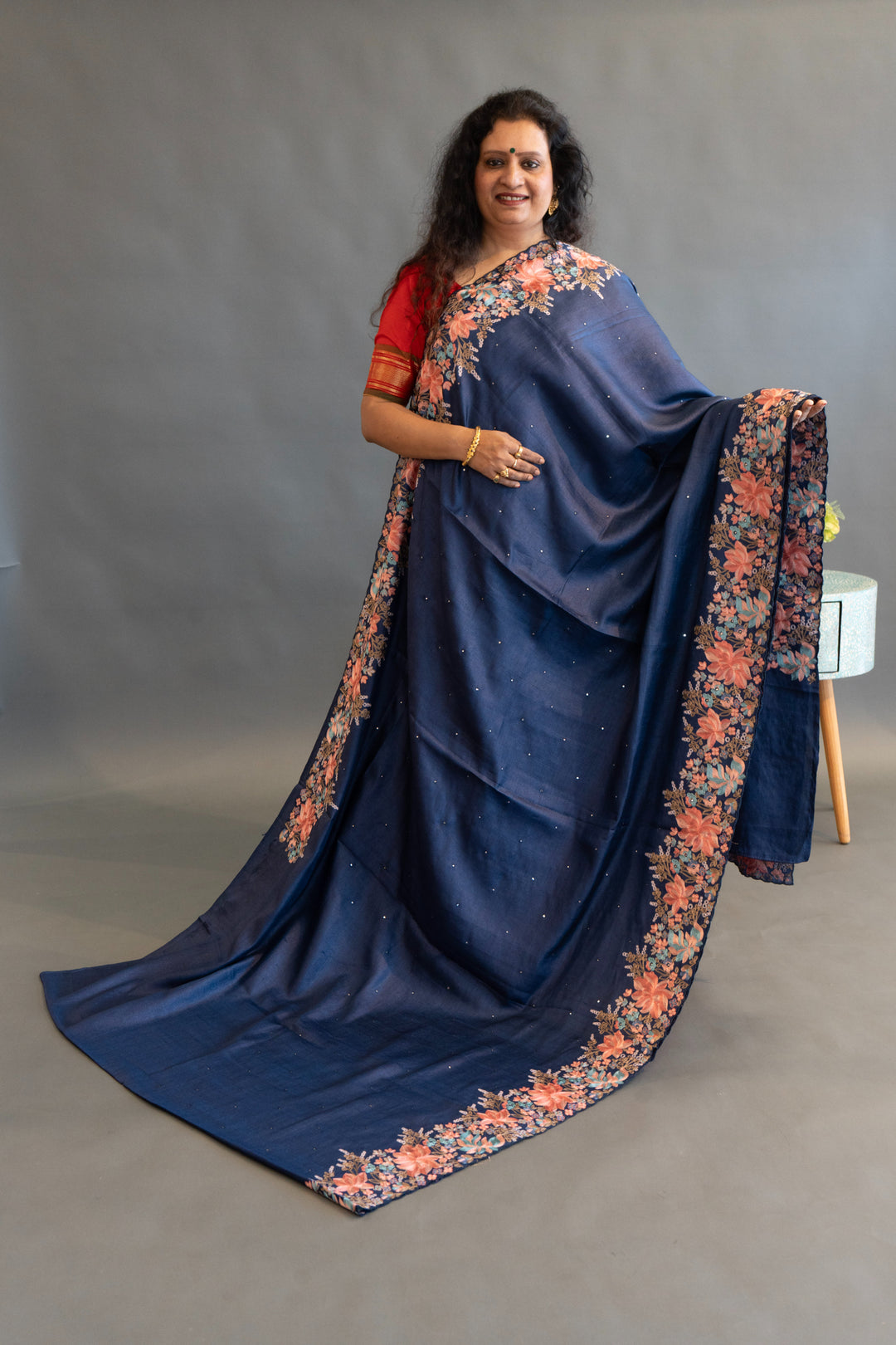 Navy Blue Tussar Silk Saree and Blouse with Parsi Gara Embroidery