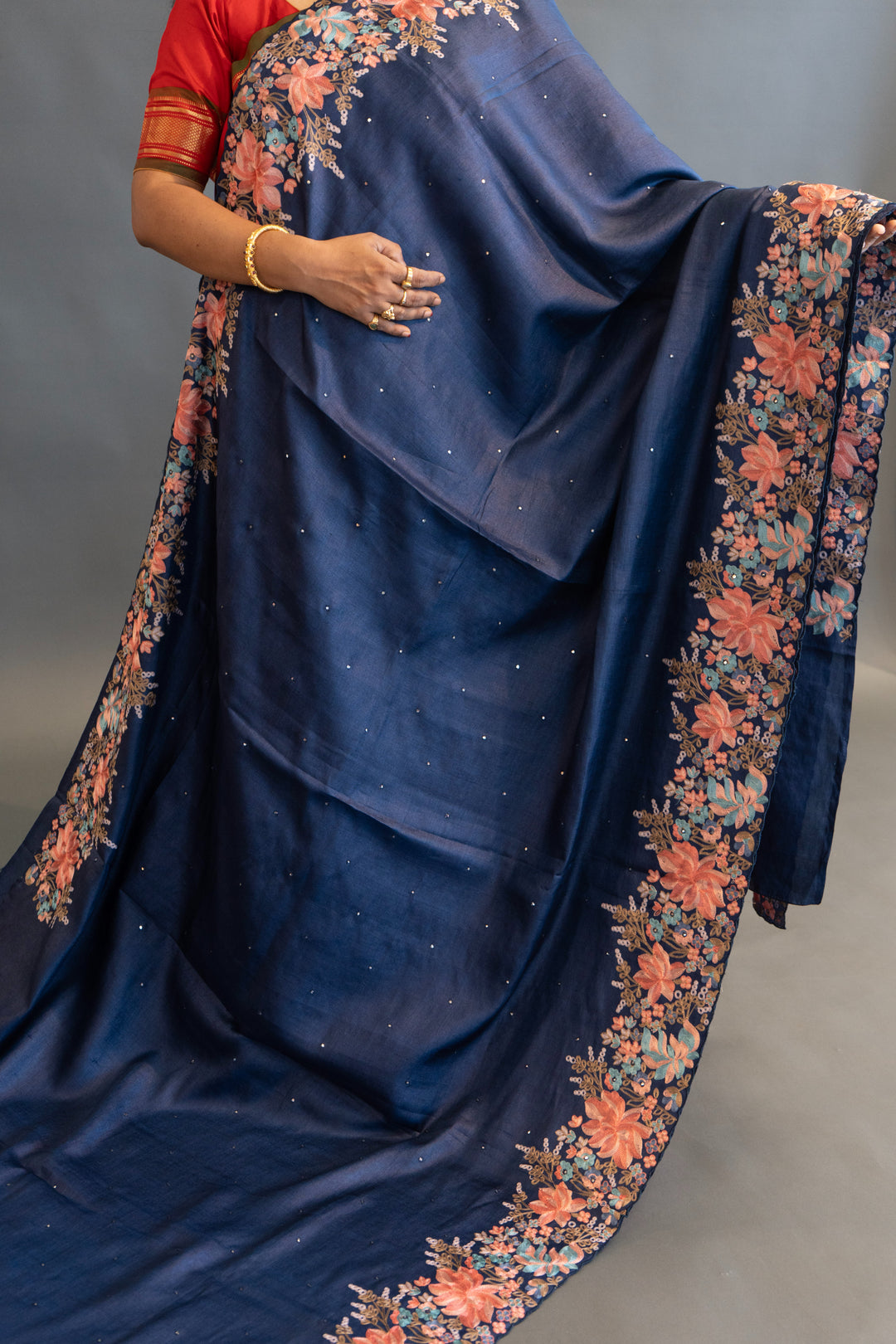 Navy Blue Tussar Silk Saree and Blouse with Parsi Gara Embroidery