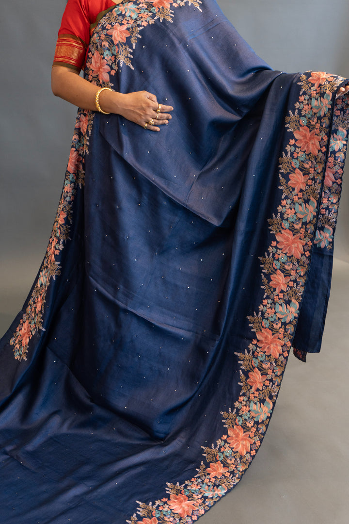 Navy Blue Tussar Silk Saree and Blouse with Parsi Gara Embroidery