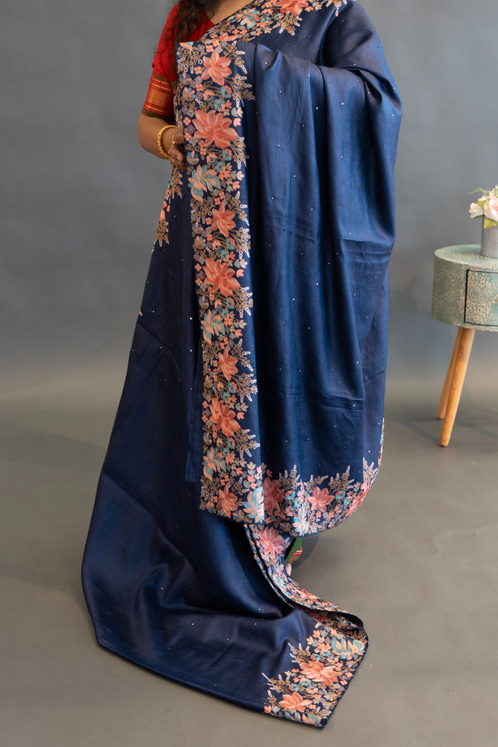 Navy Blue Tussar Silk Saree and Blouse with Parsi Gara Embroidery