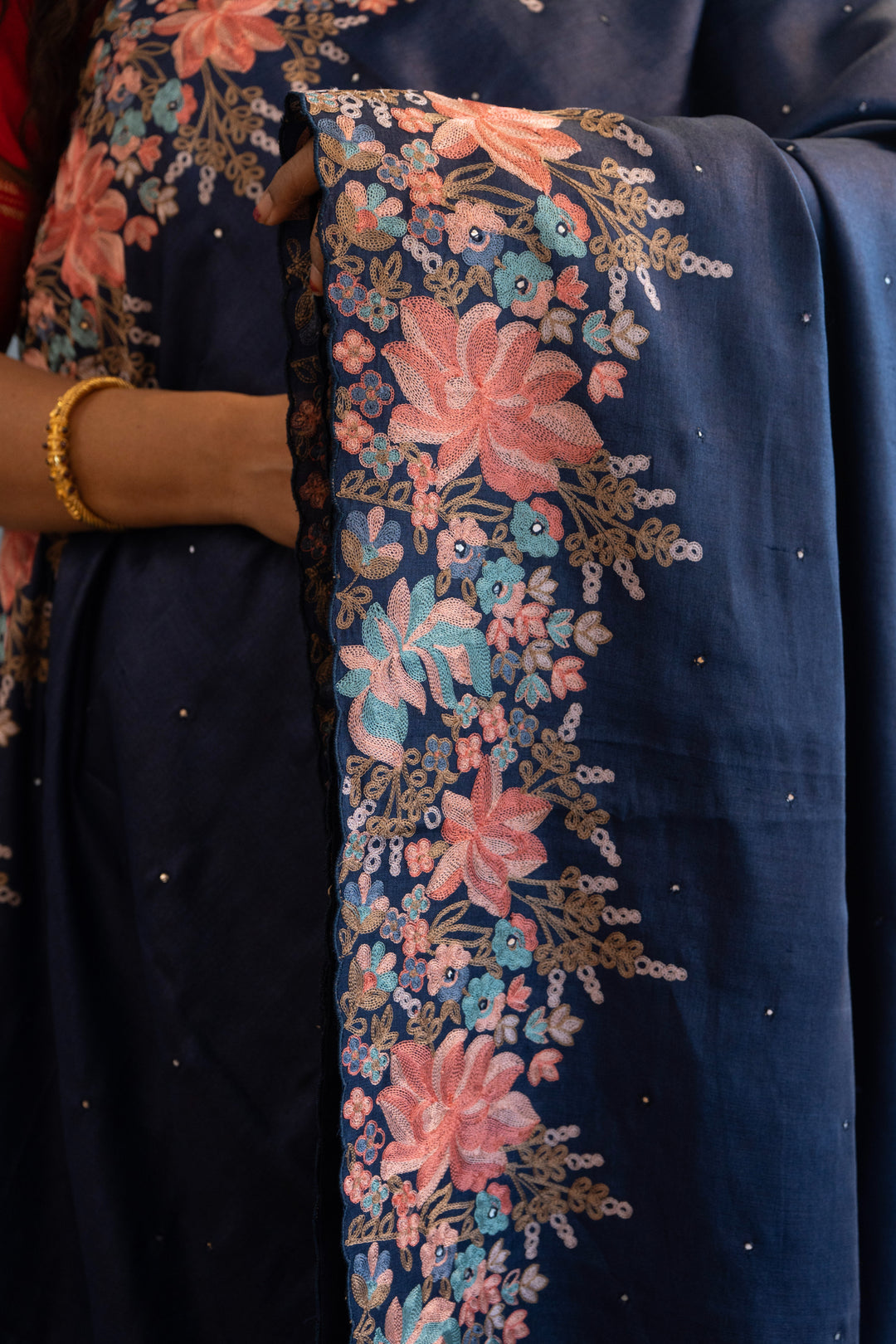 Navy Blue Tussar Silk Saree and Blouse with Parsi Gara Embroidery
