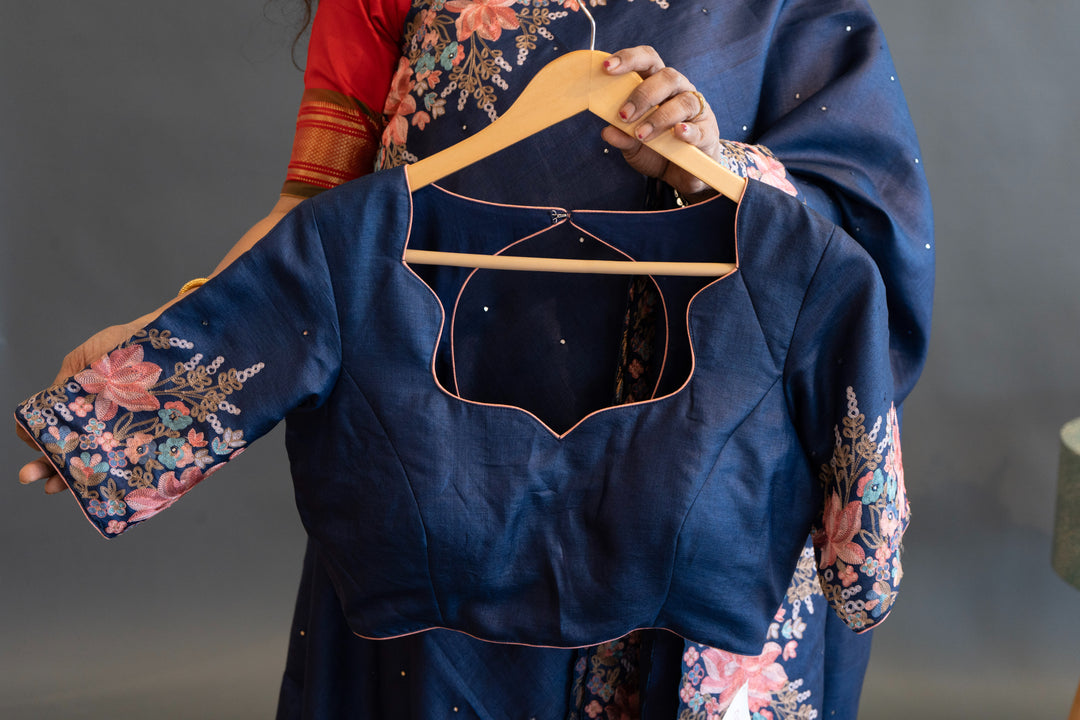 Navy Blue Tussar Silk Saree and Blouse with Parsi Gara Embroidery