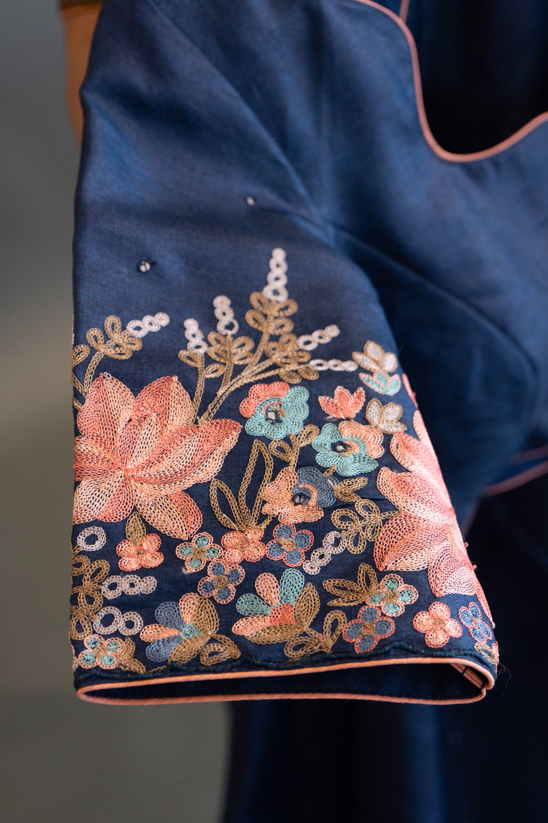 Navy Blue Tussar Silk Saree and Blouse with Parsi Gara Embroidery