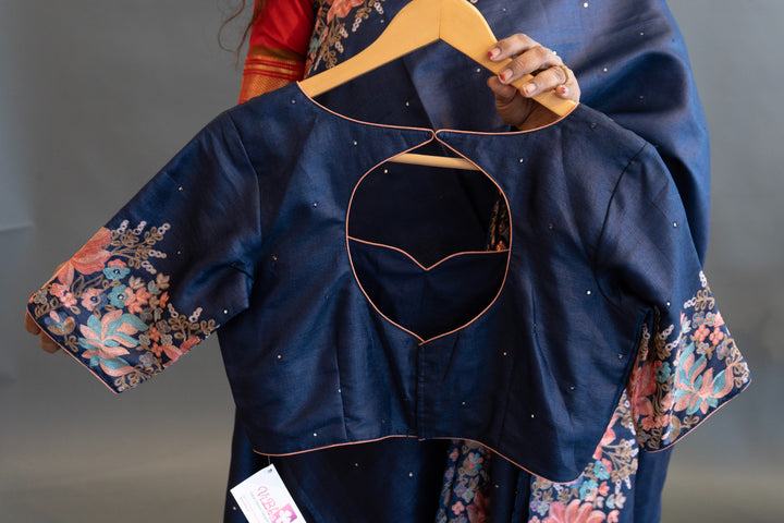 Navy Blue Tussar Silk Saree and Blouse with Parsi Gara Embroidery