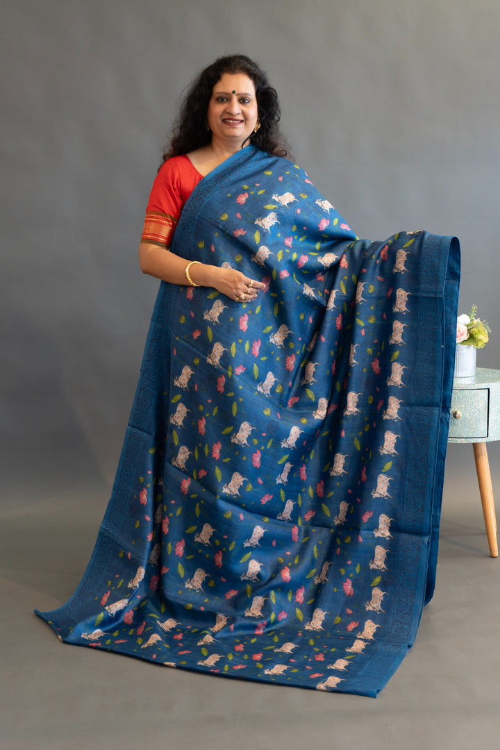 Royal Blue Pichwai Print Tussar Silk Saree and Blouse