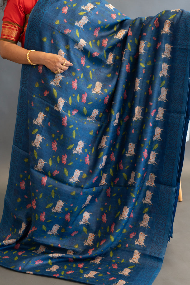 Royal Blue Pichwai Print Tussar Silk Saree and Blouse