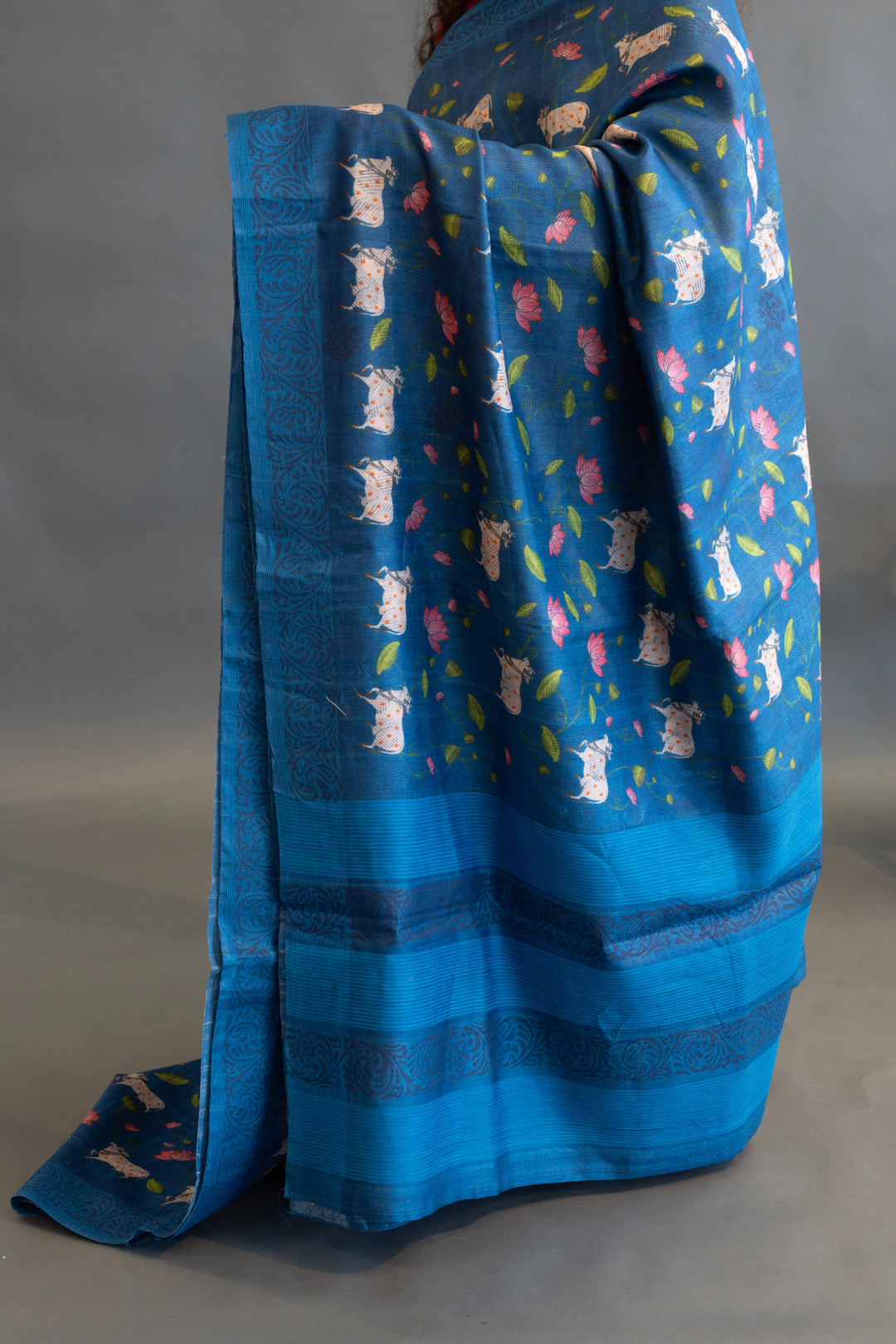 Royal Blue Pichwai Print Tussar Silk Saree and Blouse