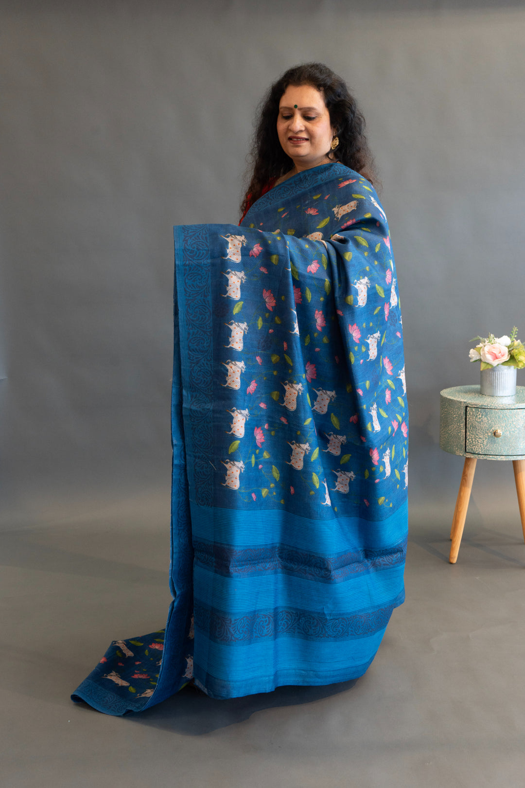 Royal Blue Pichwai Print Tussar Silk Saree and Blouse